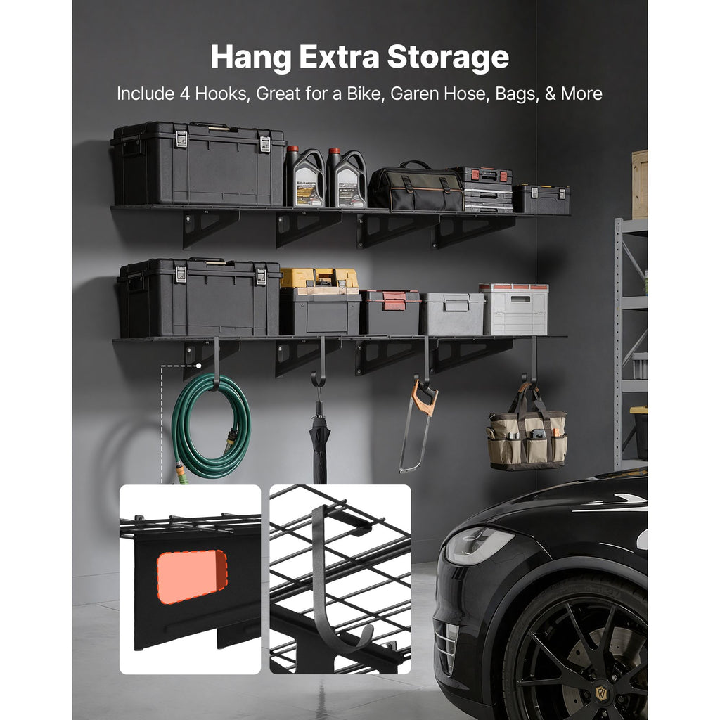 Wall Mounted Garage Shelving with Hooks – 2-Tier Storage Rack