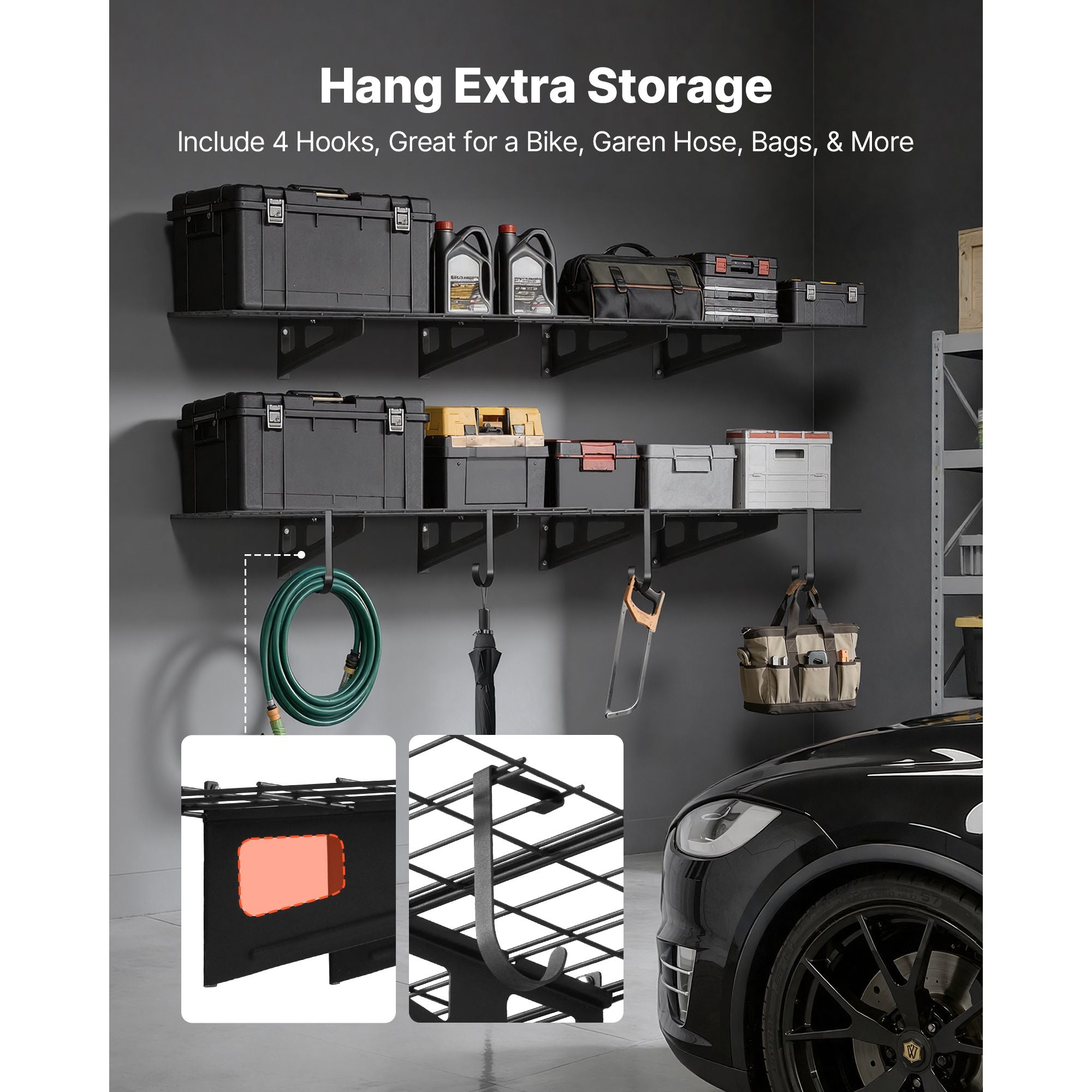 Wall Mounted Garage Shelving with Hooks – 2-Tier Storage Rack