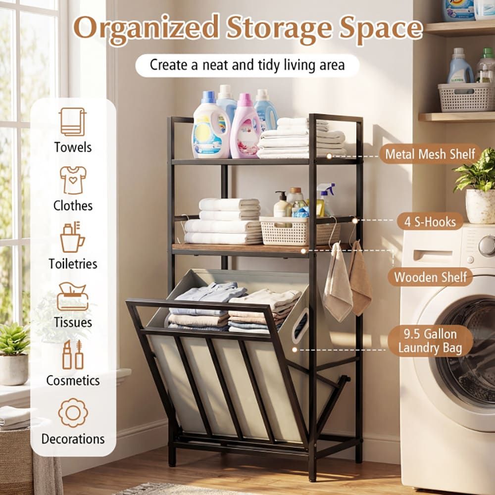 2-Tier Laundry Hamper with Tilt-Out Basket – Rustic Metal & Wood Organizer