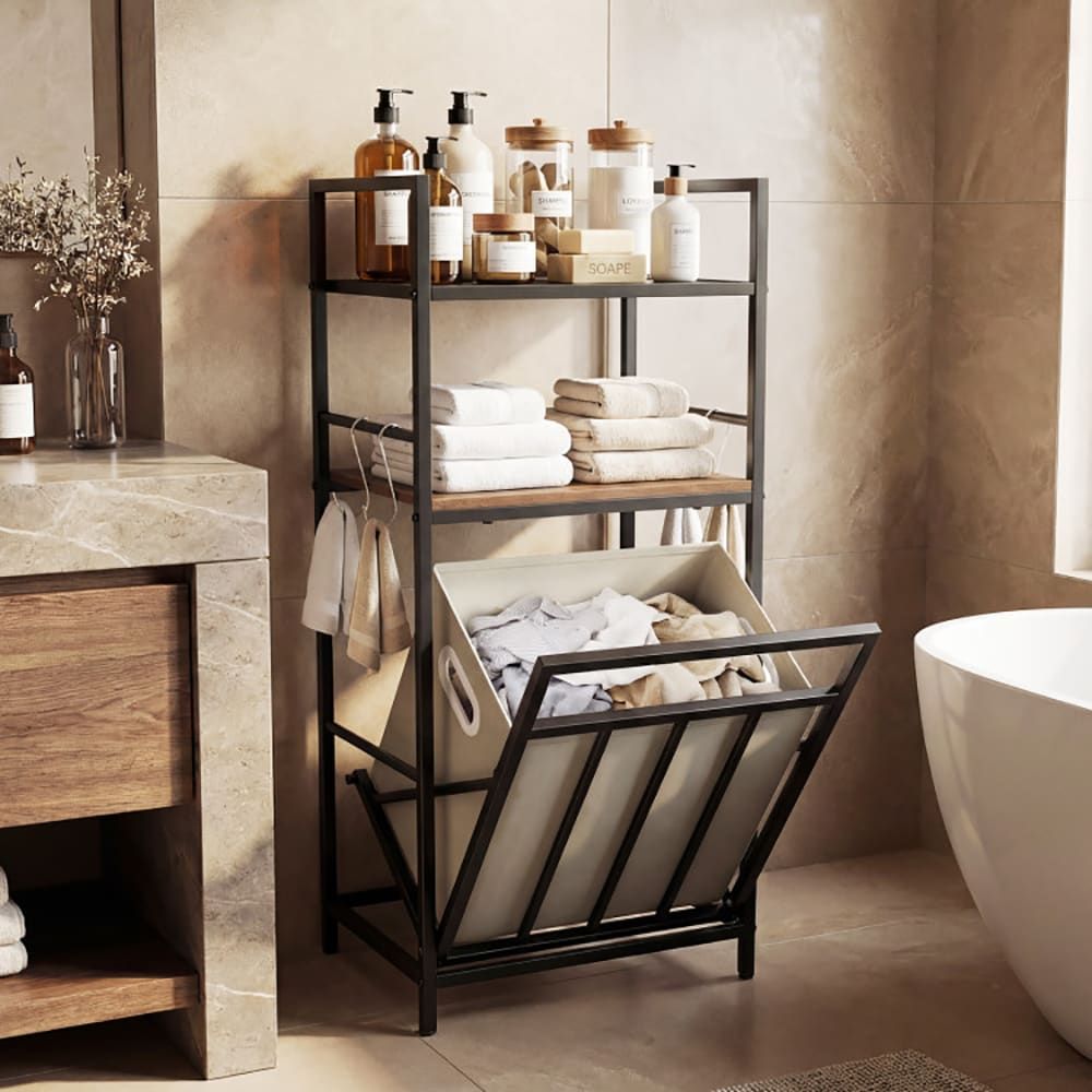 2-Tier Laundry Hamper with Tilt-Out Basket – Rustic Metal & Wood Organizer