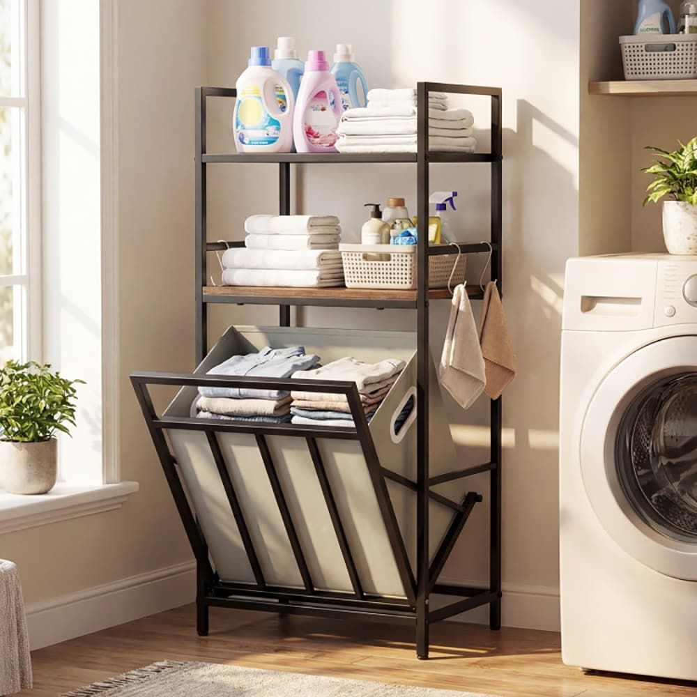 2-Tier Laundry Hamper with Tilt-Out Basket – Rustic Metal & Wood Organizer