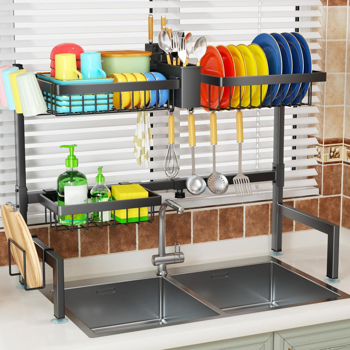Two-Tier Over-the-Sink Dish Drying Rack for Single and Double Sinks