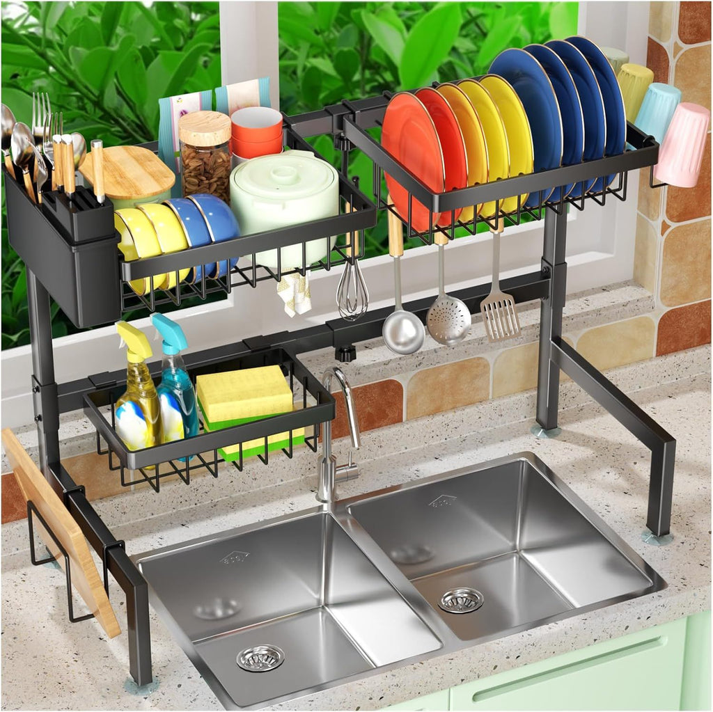 Two-Tier Over-the-Sink Dish Drying Rack for Single and Double Sinks