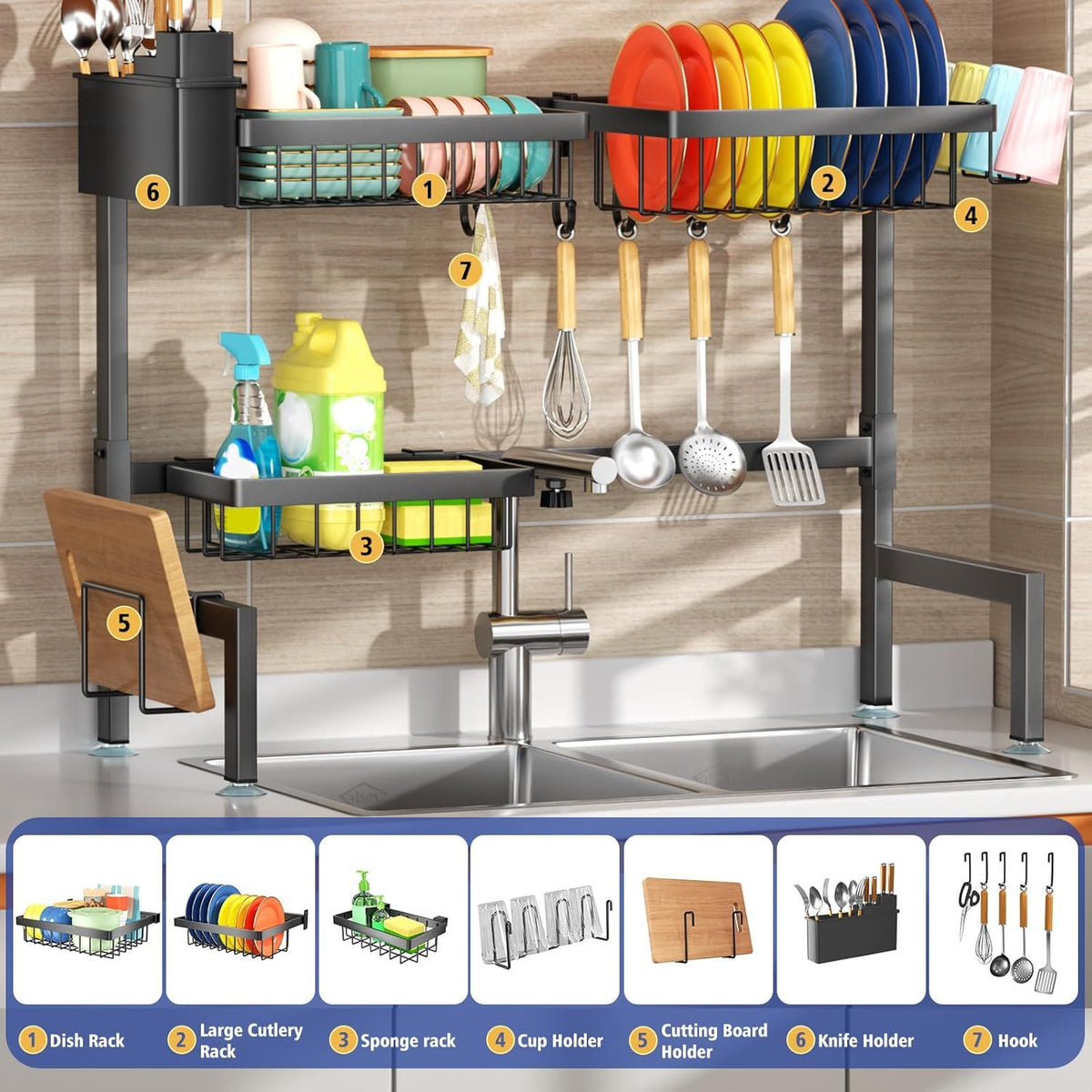Two-Tier Over-the-Sink Dish Drying Rack for Single and Double Sinks