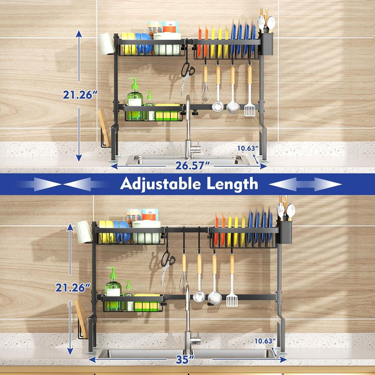 Two-Tier Over-the-Sink Dish Drying Rack for Single and Double Sinks
