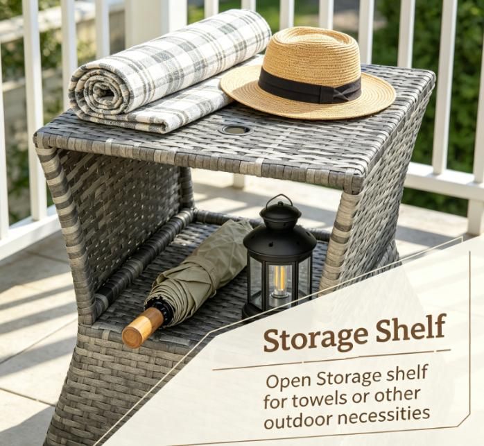 Two-Tier Outdoor Side Table with Umbrella Opening