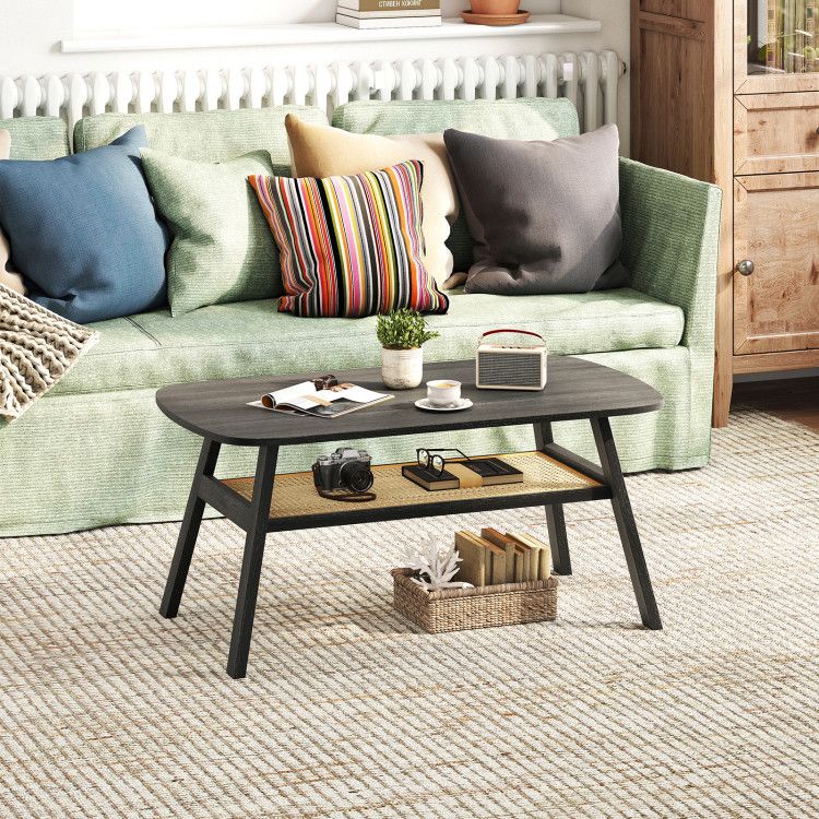 Two-Tier Coffee Table with Woven Storage Shelf