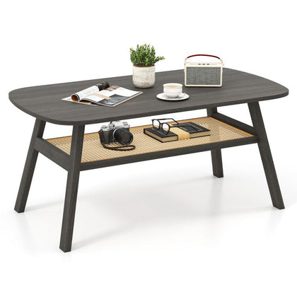 Two-Tier Coffee Table with Woven Storage Shelf