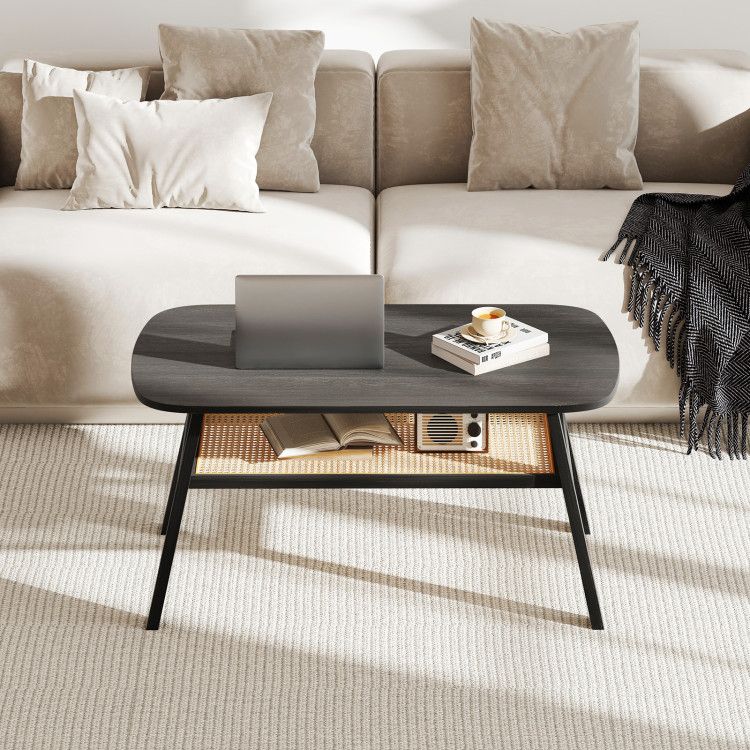 Two-Tier Coffee Table with Woven Storage Shelf