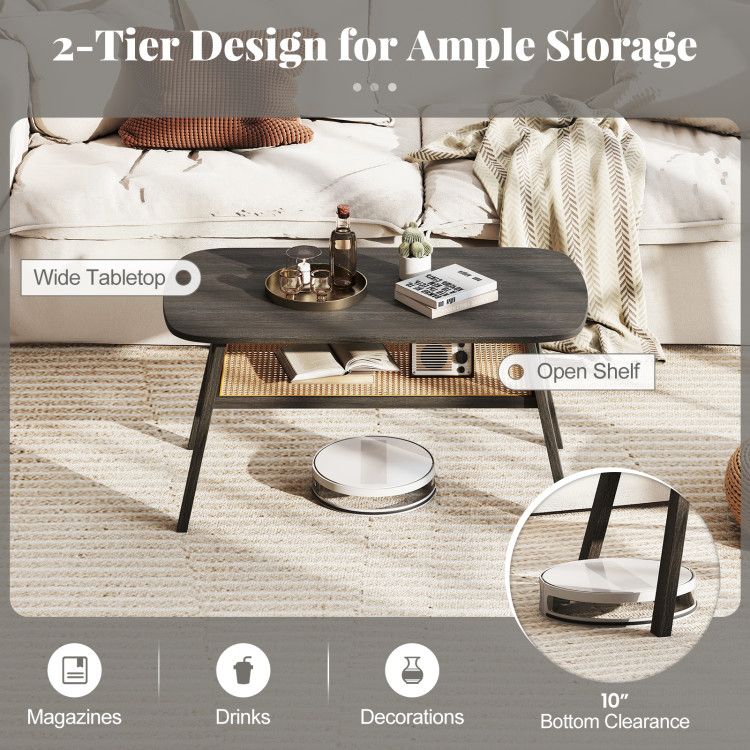 Two-Tier Coffee Table with Woven Storage Shelf