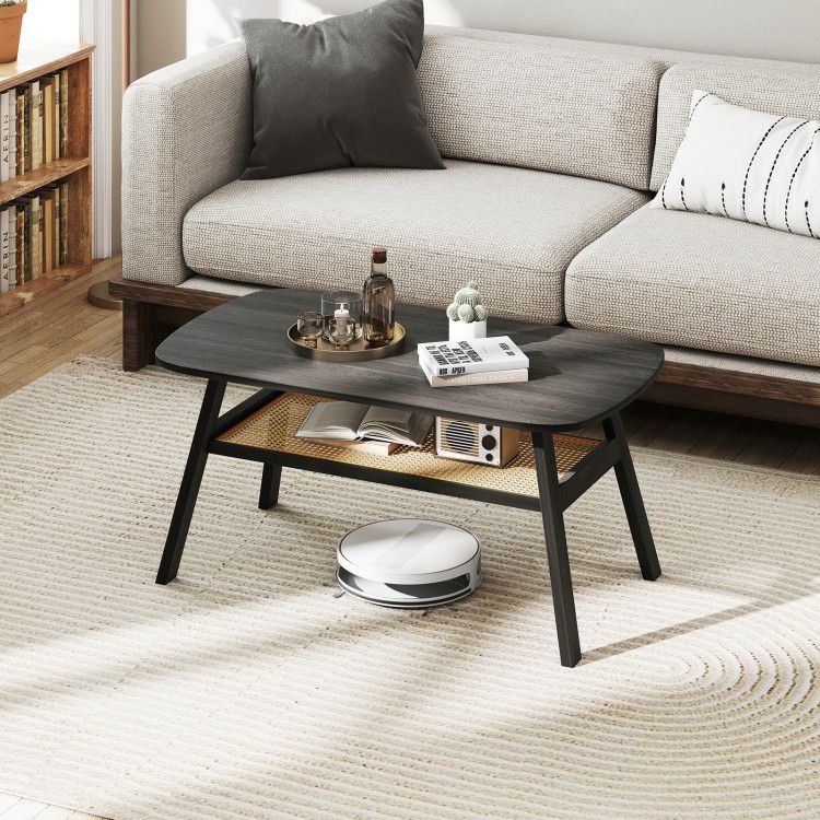 Two-Tier Coffee Table with Woven Storage Shelf