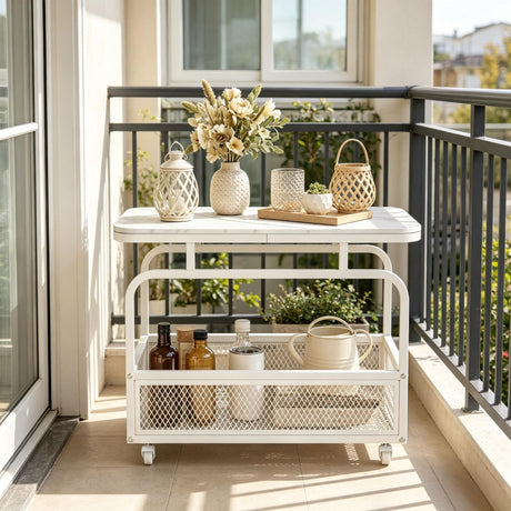 2-Tier Rolling Side Table Narrow End Table with Mesh Storage Basket Living Room Bedroom