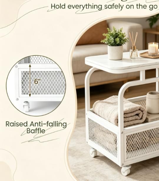 2-Tier Rolling Side Table Narrow End Table with Mesh Storage Basket Living Room Bedroom