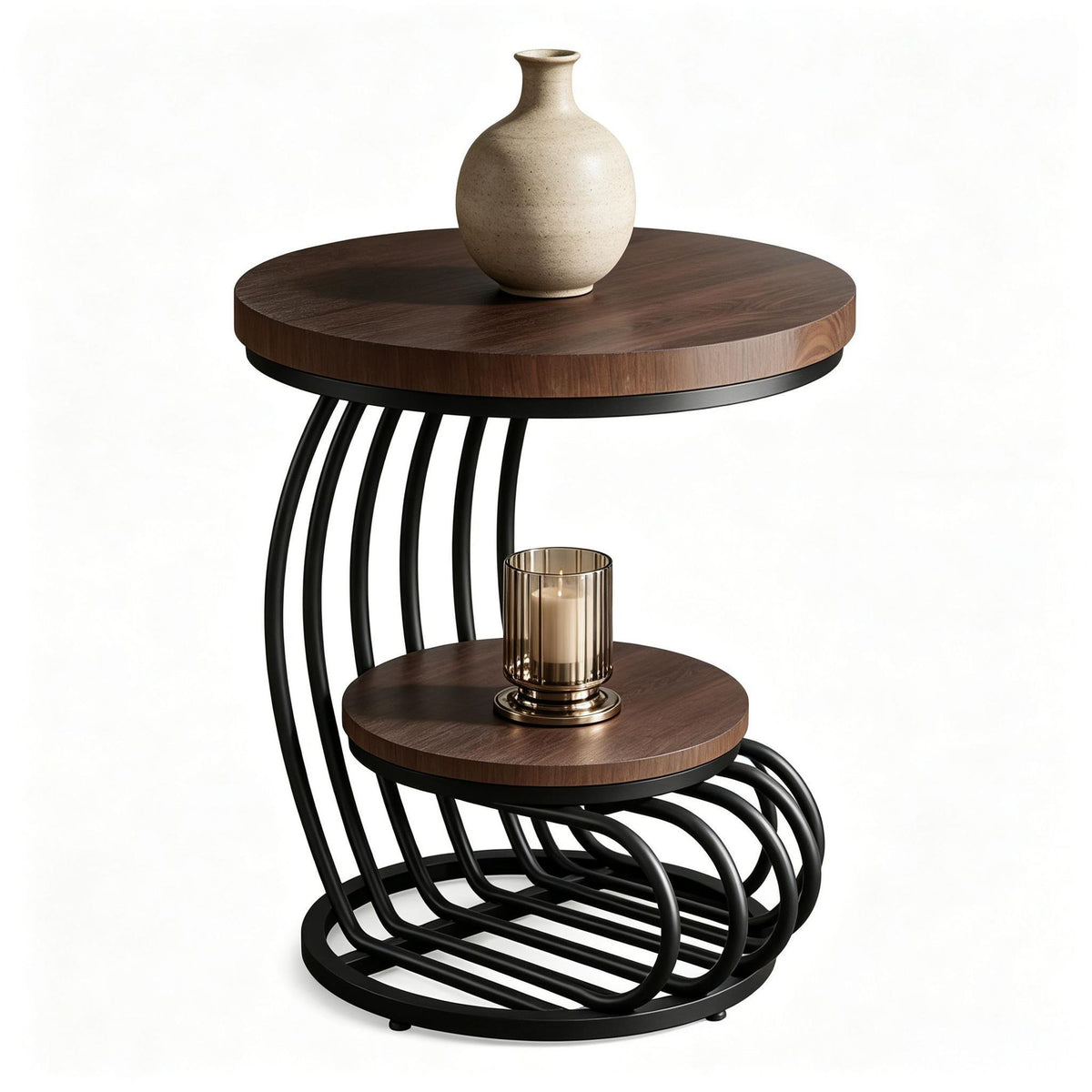 Round Two-Tier End Table with White Faux-Marble Look