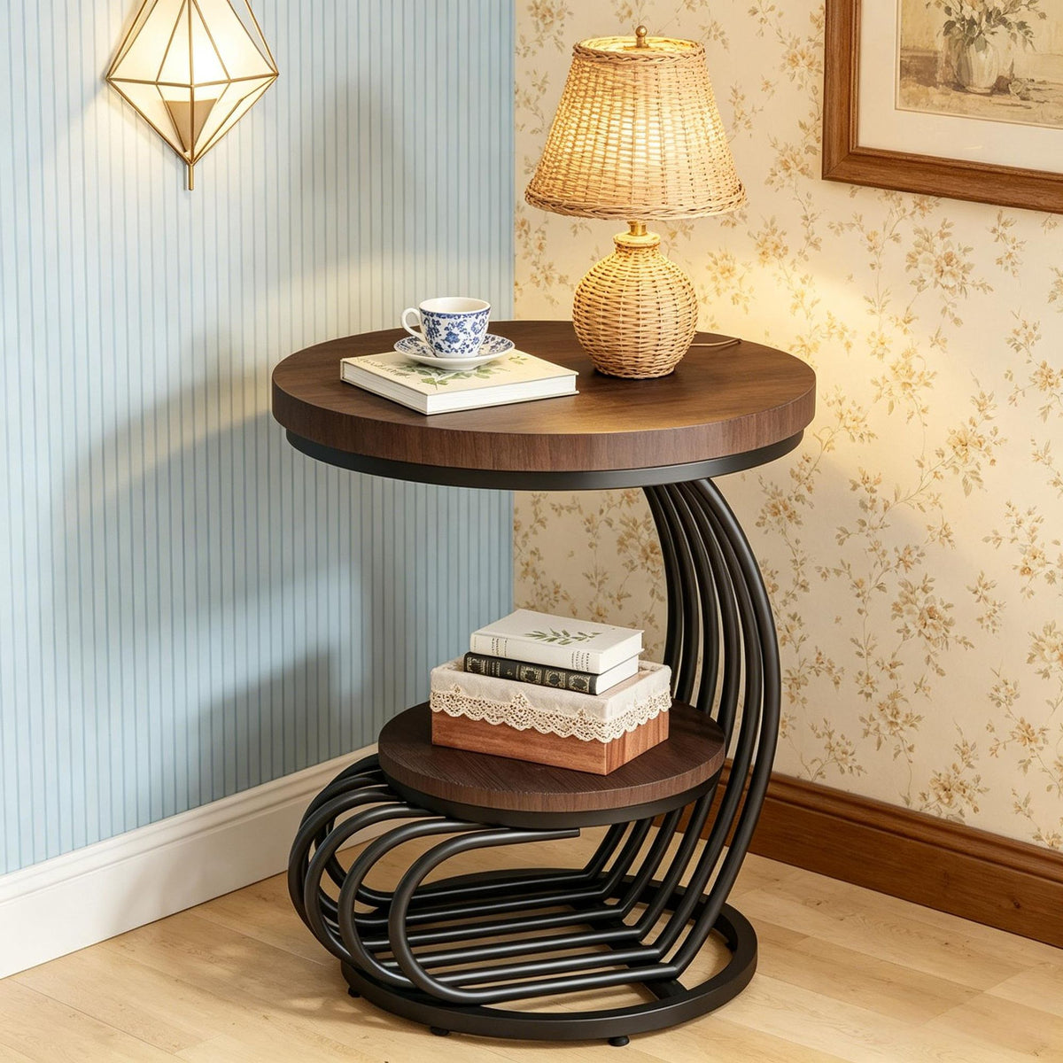 Round Two-Tier End Table with White Faux-Marble Look