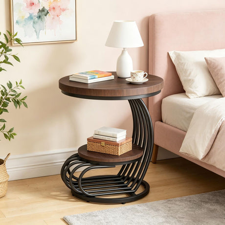 Round Two-Tier End Table with White Faux-Marble Look