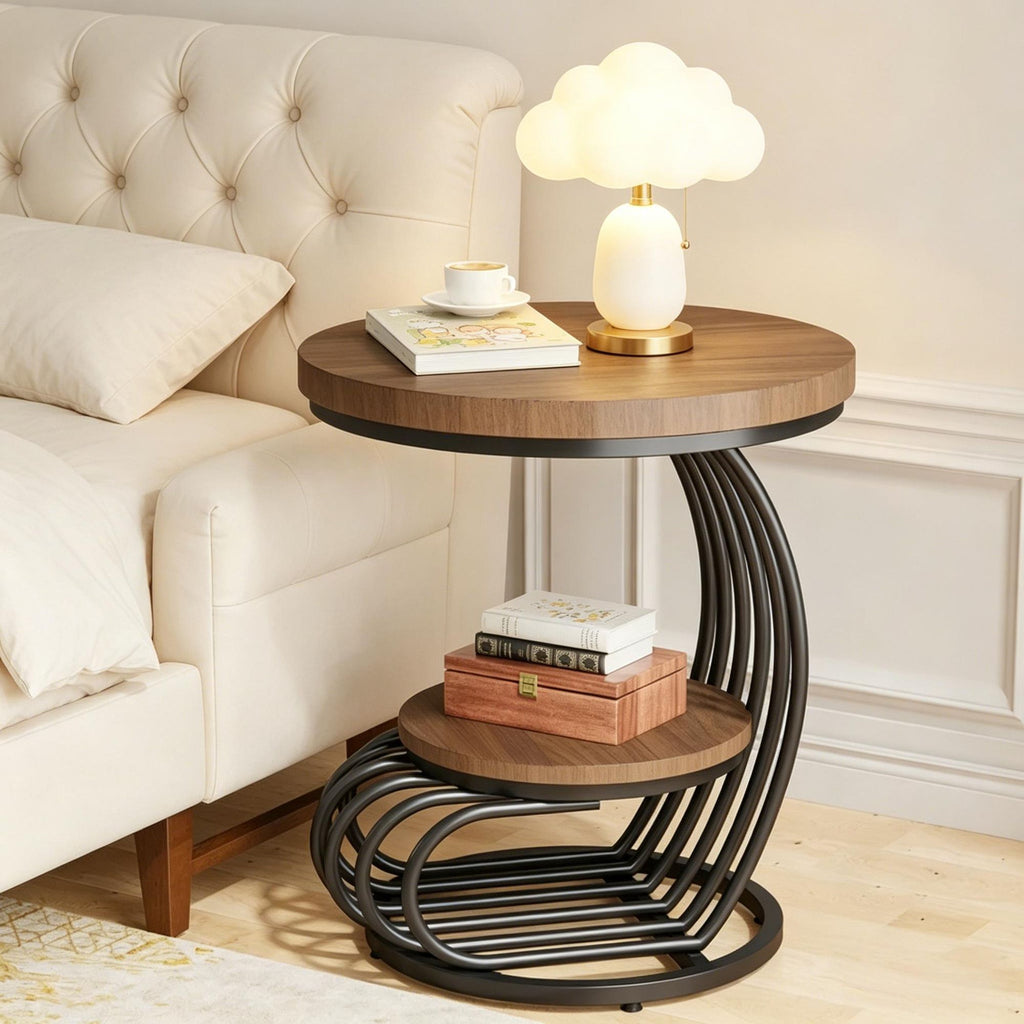 Round Two-Tier Side Table with Marble-Look Top
