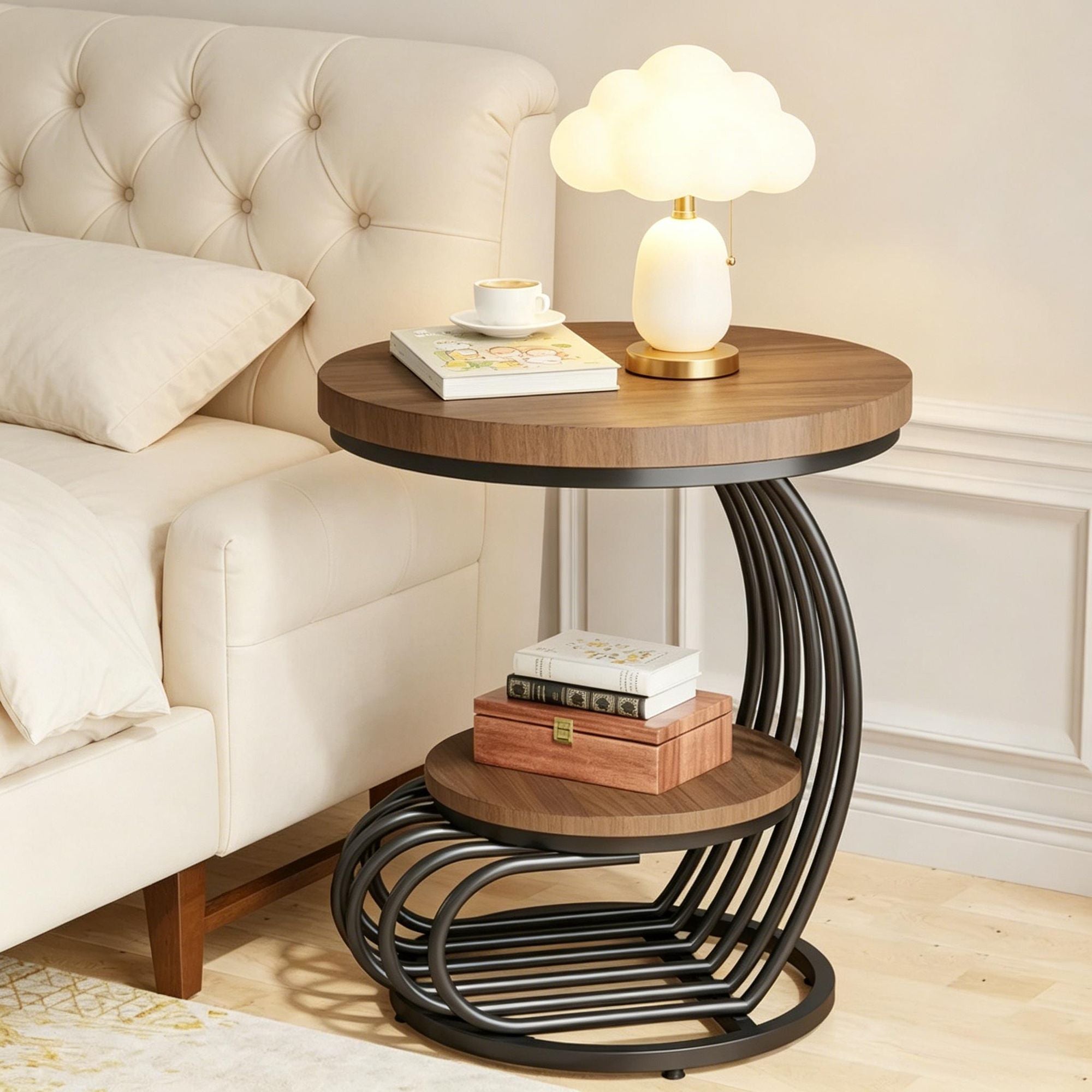 Round Two-Tier Side Table with Marble-Look Top