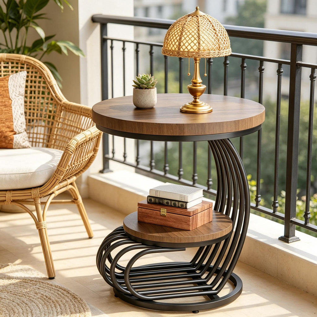 Round Two-Tier Side Table with Marble-Look Top
