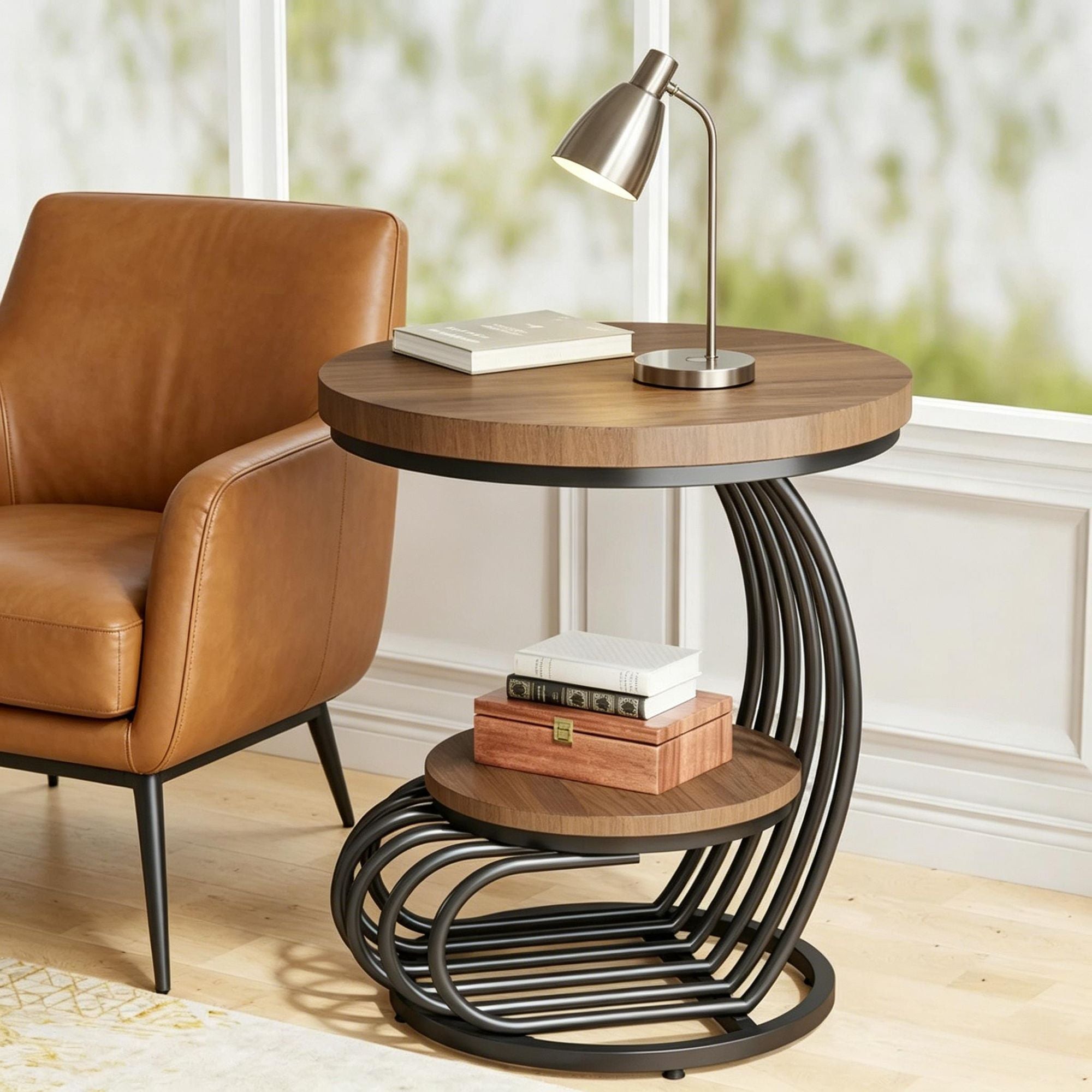 Round Two-Tier Side Table with Marble-Look Top