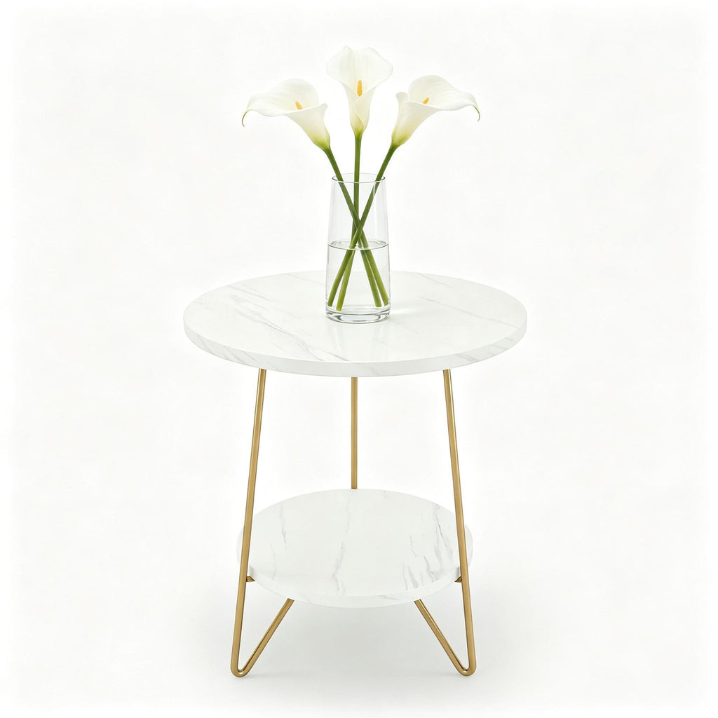 Two-Tier Marble-Look End Table with Gold-Tone Legs