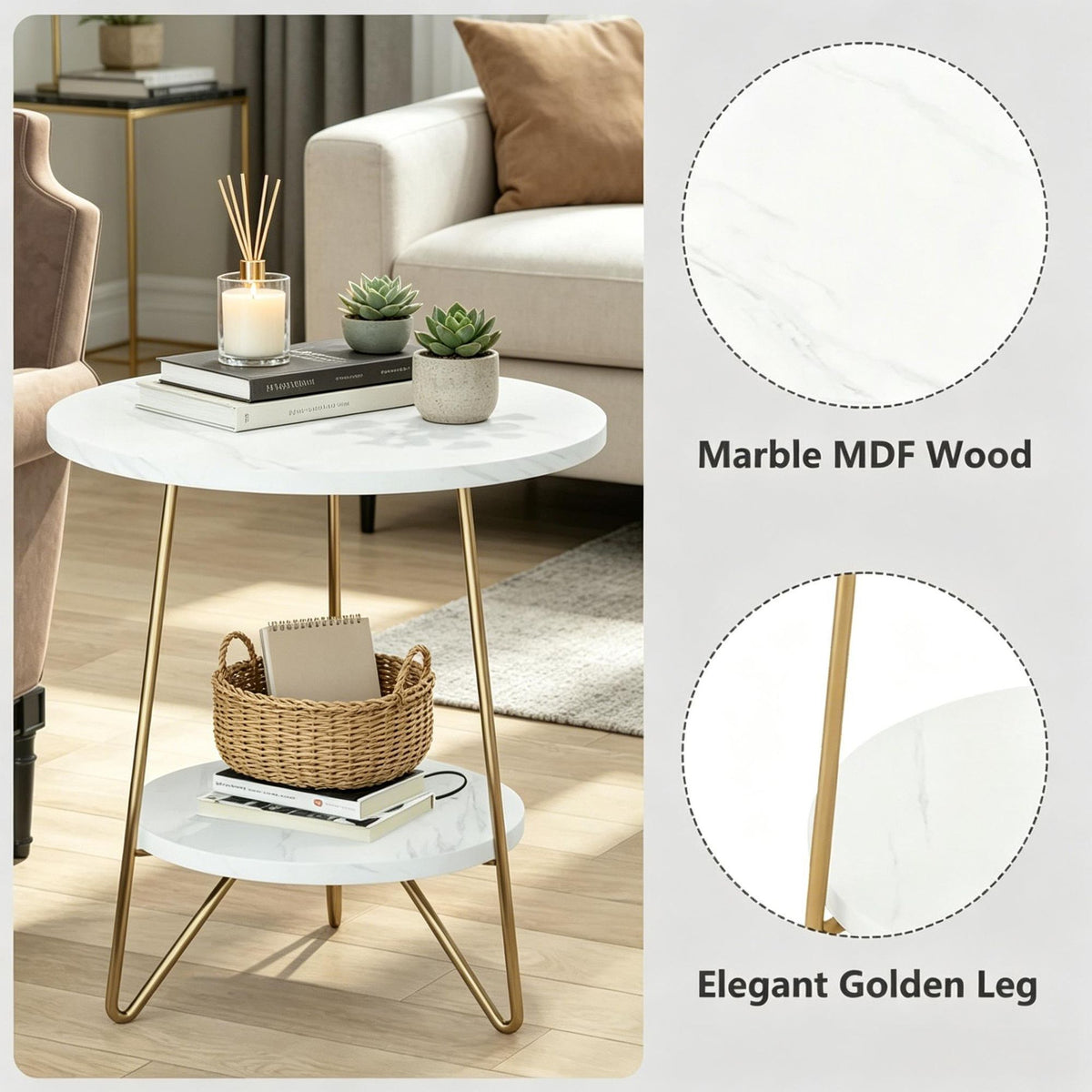 Two-Tier Marble-Look End Table with Gold-Tone Legs