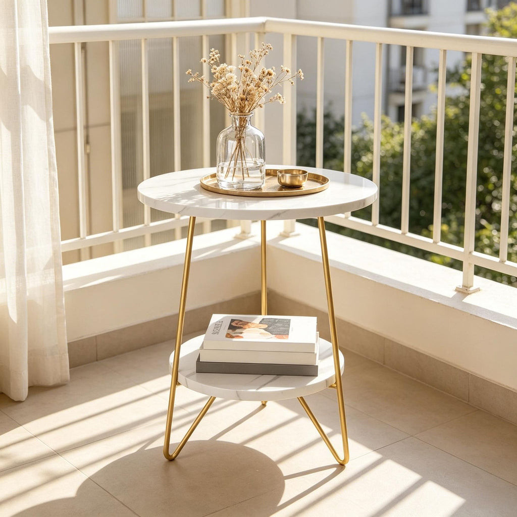 Two-Tier Marble-Look End Table with Gold-Tone Legs