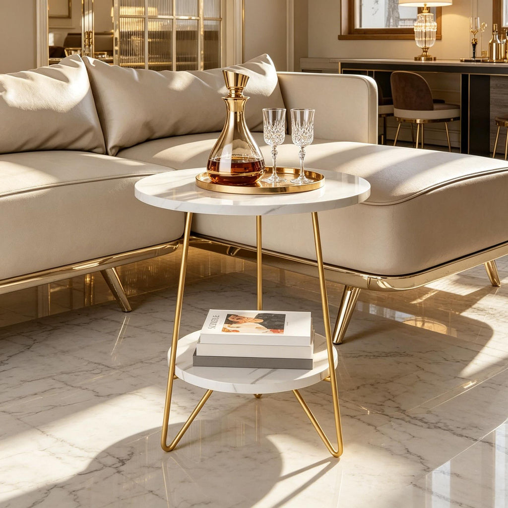 Two-Tier Marble-Look End Table with Gold-Tone Legs