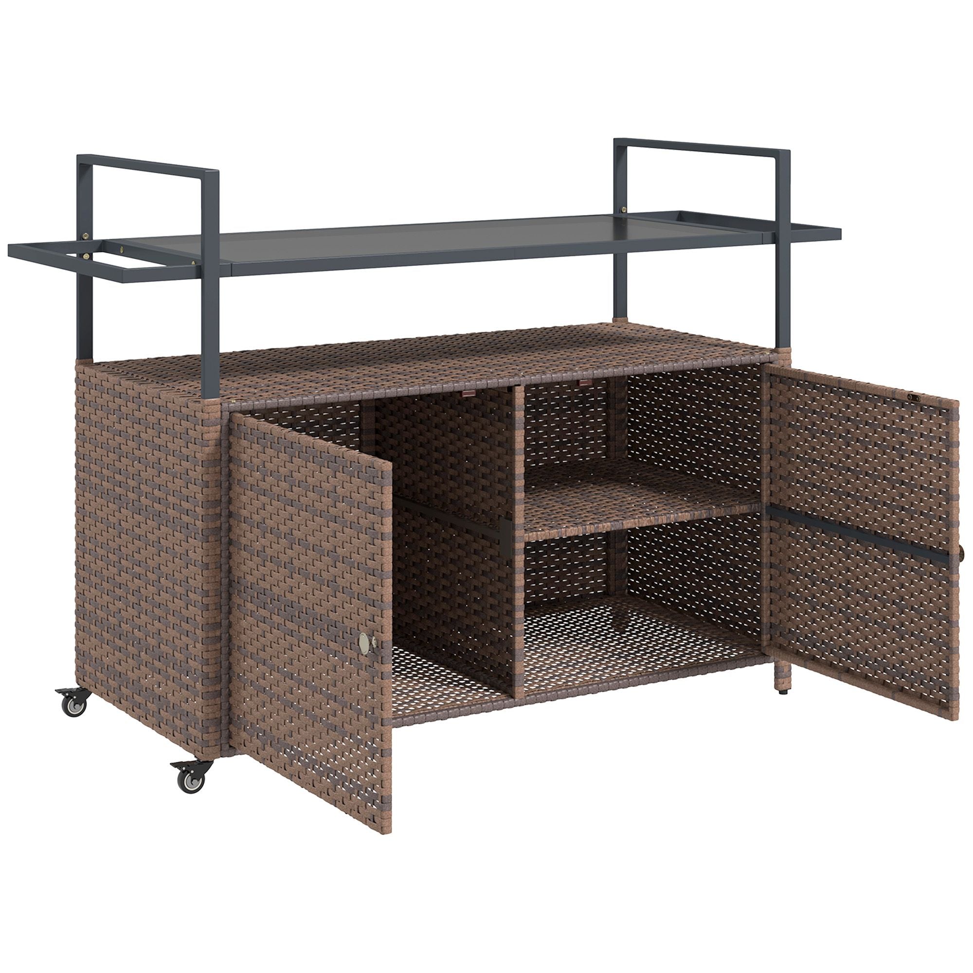 2-Tier PE Rattan Outdoor Bar Cart with Glass Top and Storage Cabinet
