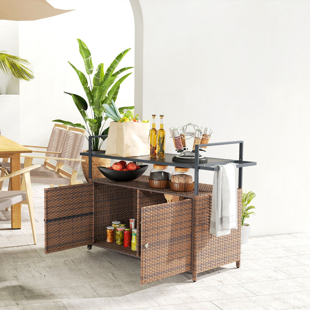 2-Tier PE Rattan Outdoor Bar Cart with Glass Top and Storage Cabinet