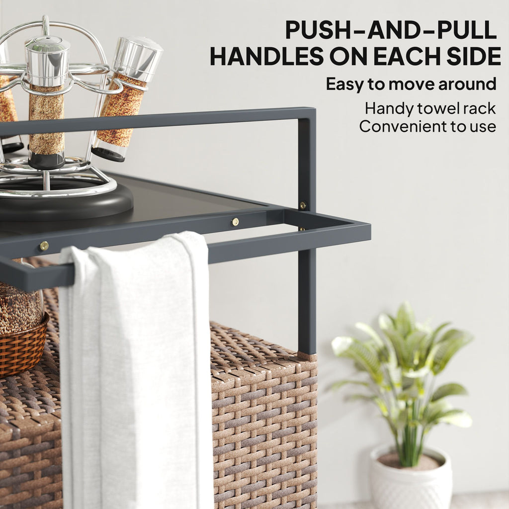 2-Tier PE Rattan Outdoor Bar Cart with Glass Top and Storage Cabinet