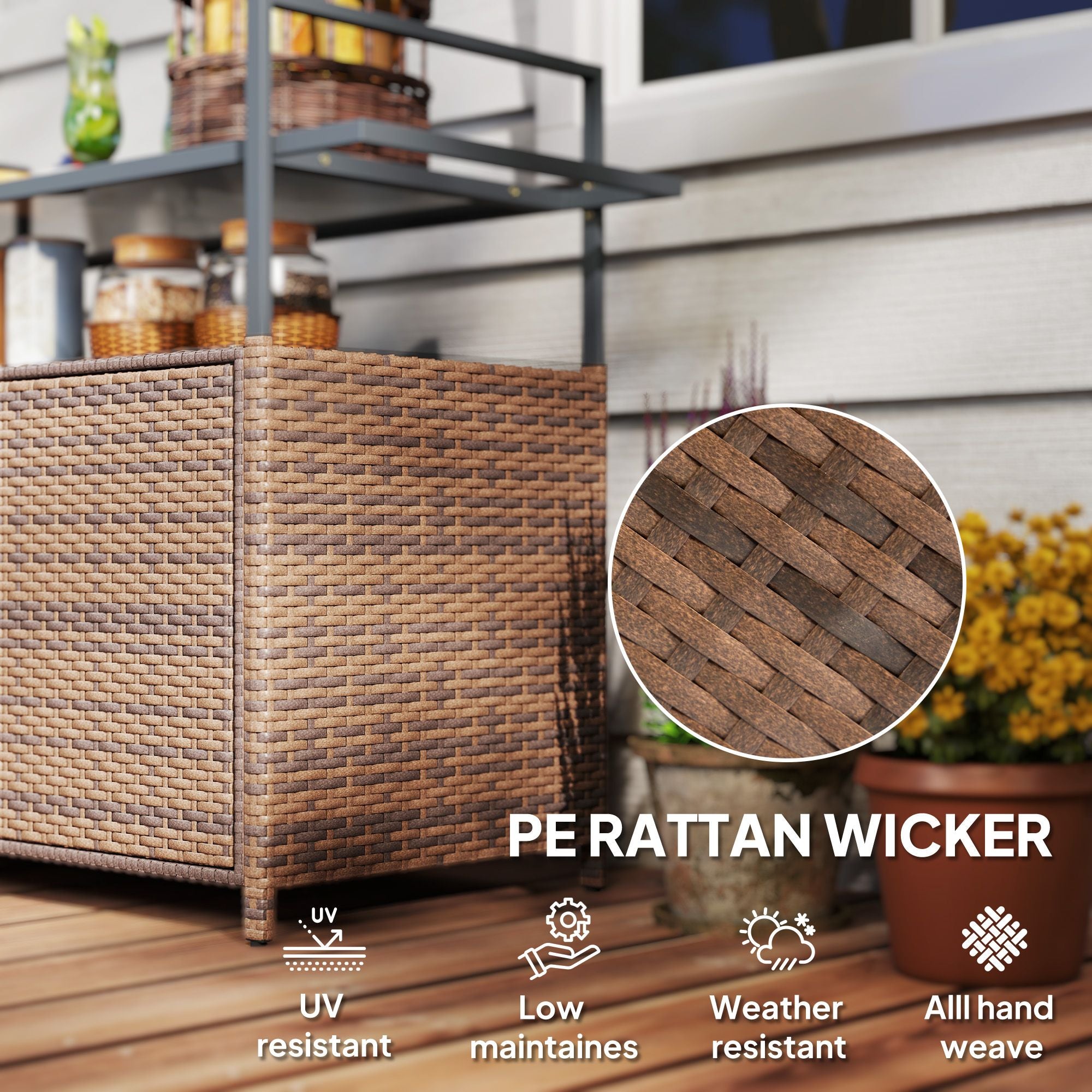 2-Tier PE Rattan Outdoor Bar Cart with Glass Top and Storage Cabinet