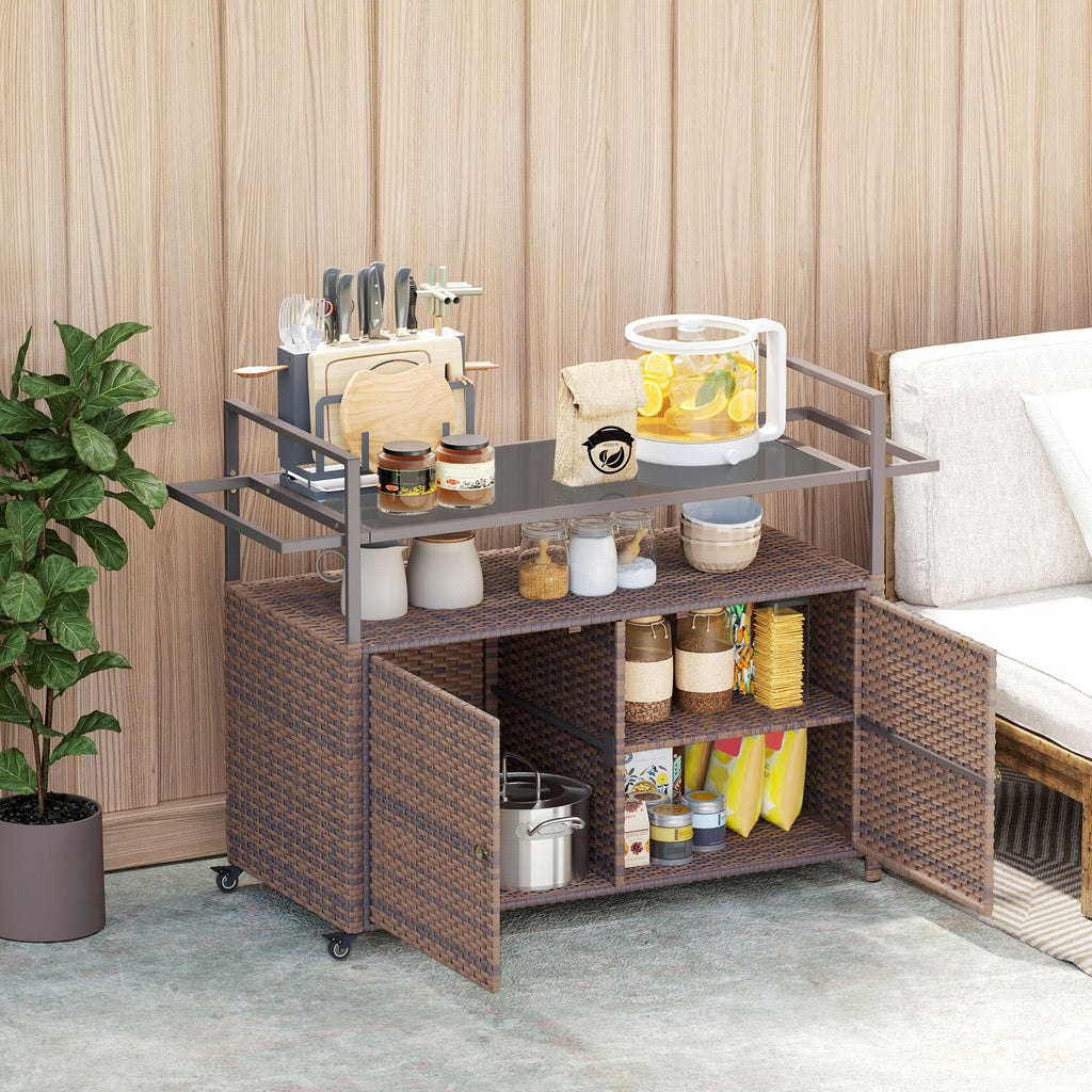2-Tier PE Rattan Outdoor Bar Cart with Glass Top and Storage Cabinet