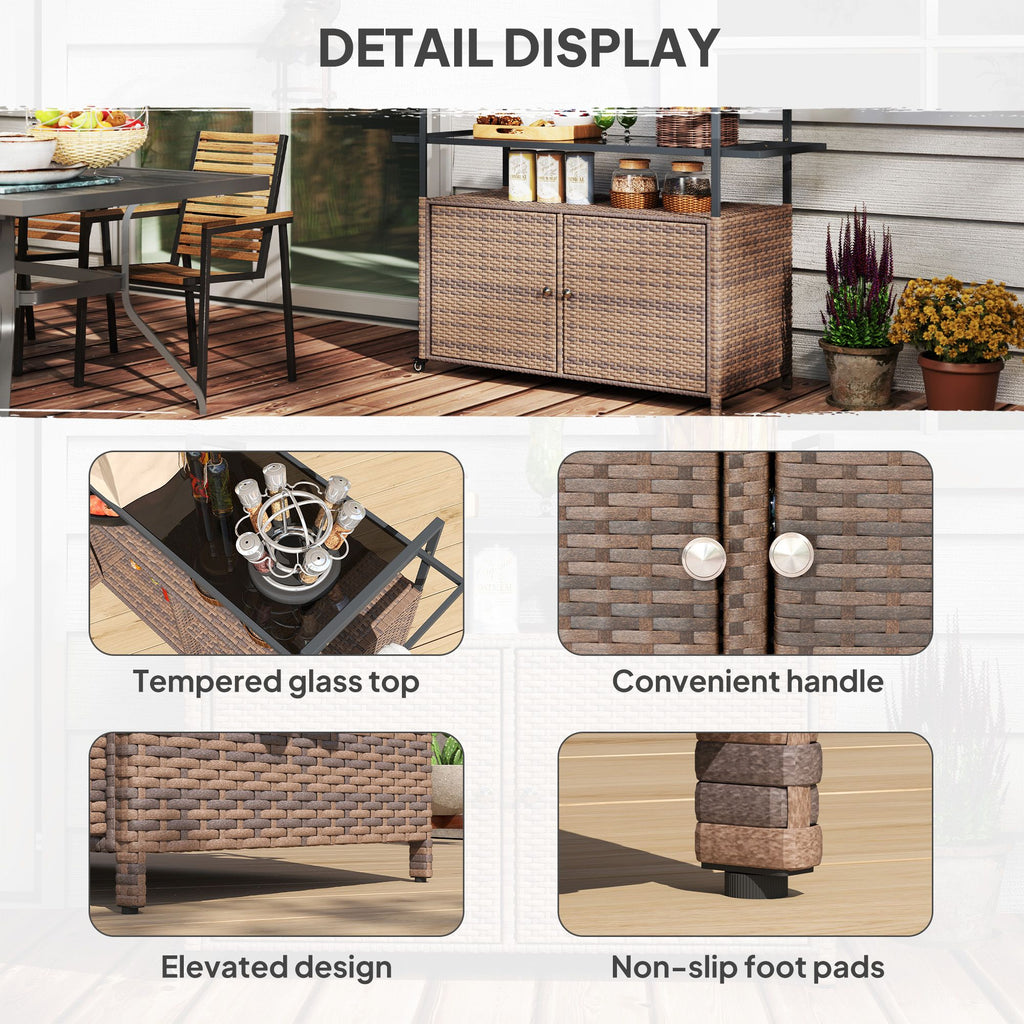 2-Tier PE Rattan Outdoor Bar Cart with Glass Top and Storage Cabinet