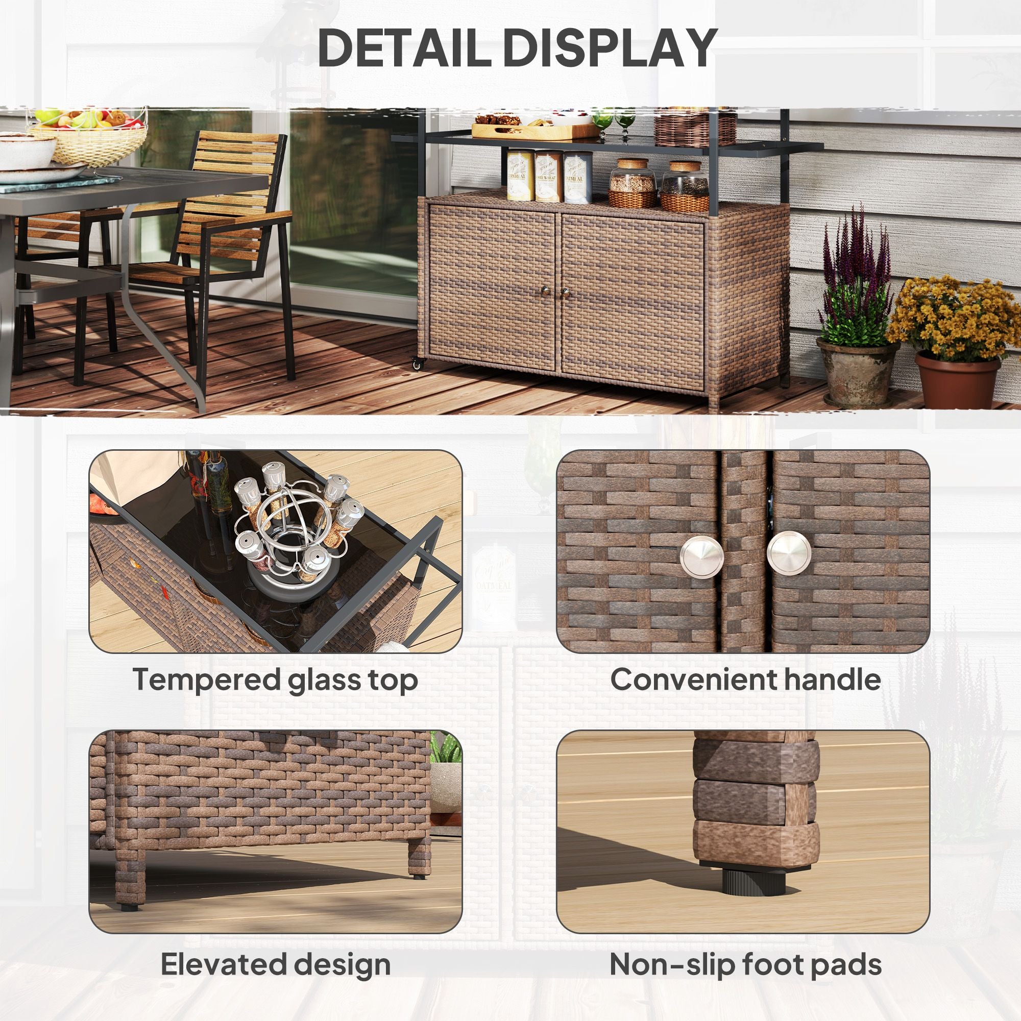 2-Tier PE Rattan Outdoor Bar Cart with Glass Top and Storage Cabinet