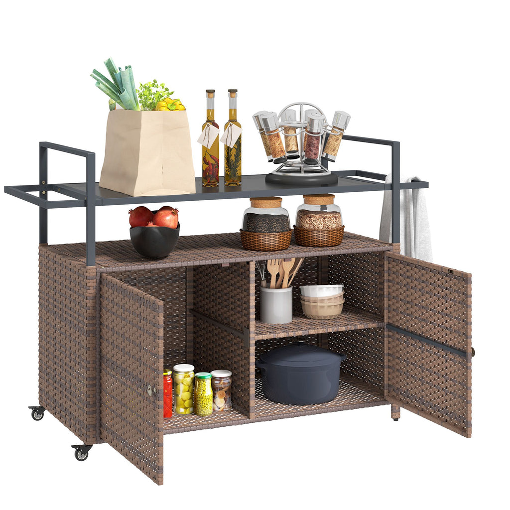 2-Tier PE Rattan Outdoor Bar Cart with Glass Top and Storage Cabinet