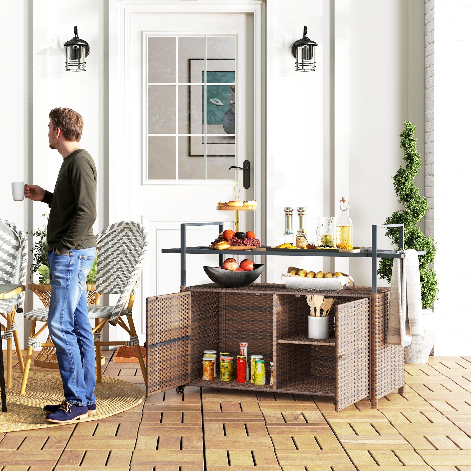 2-Tier PE Rattan Outdoor Bar Cart with Glass Top and Storage Cabinet