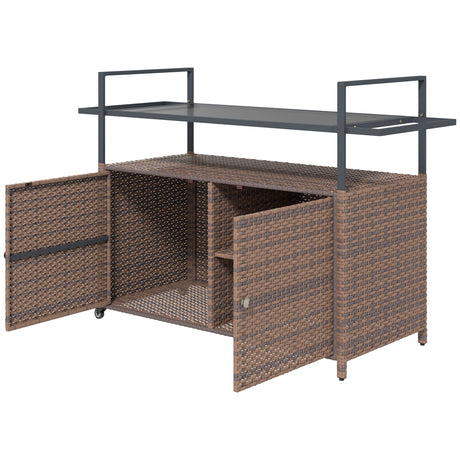 2-Tier PE Rattan Outdoor Bar Cart with Glass Top and Storage Cabinet