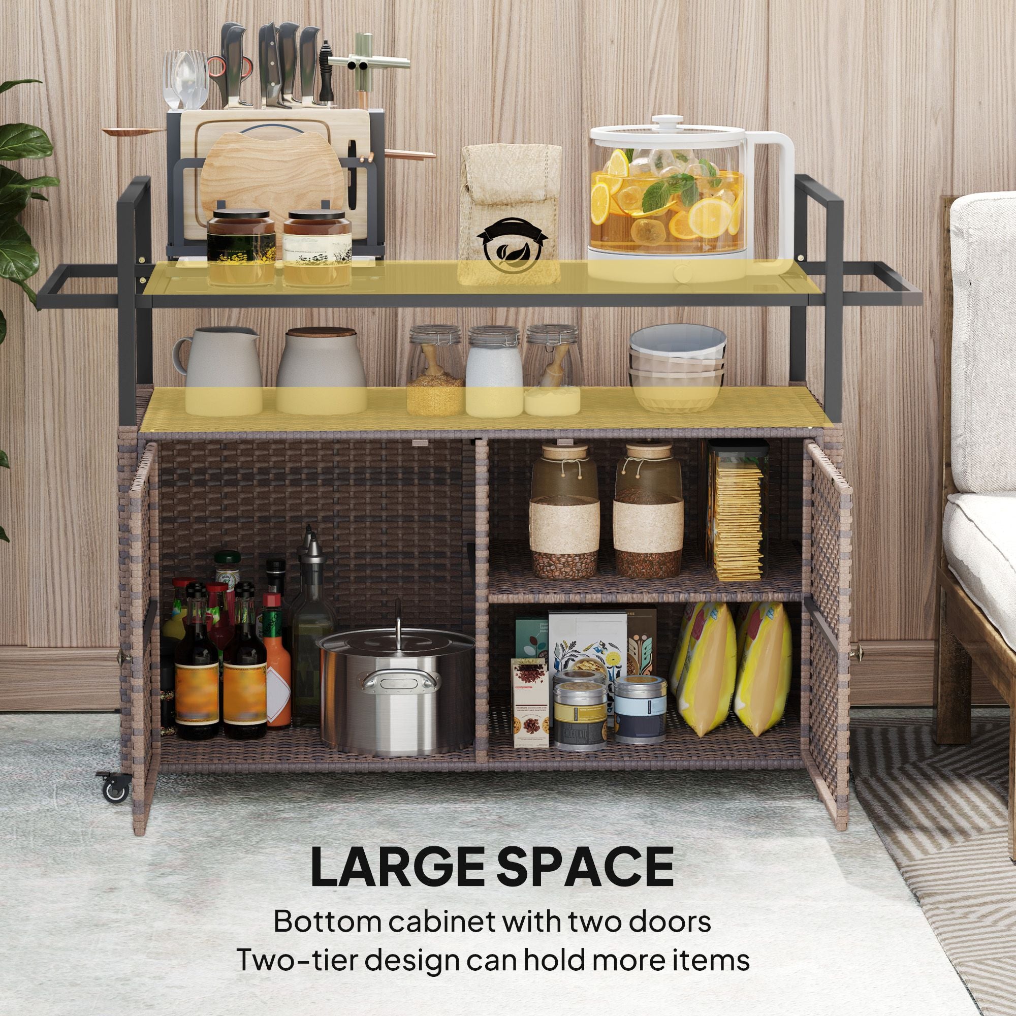 2-Tier PE Rattan Outdoor Bar Cart with Glass Top and Storage Cabinet