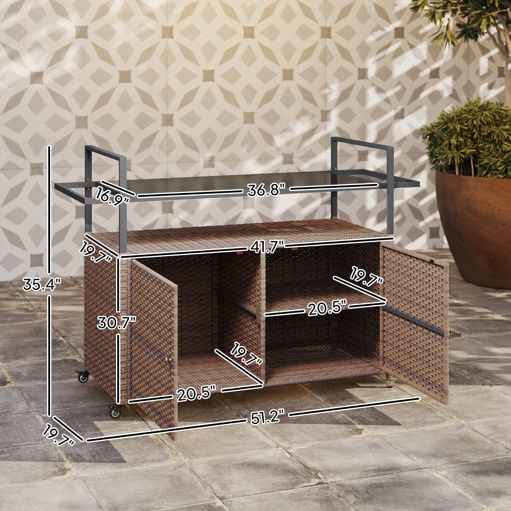 2-Tier PE Rattan Outdoor Bar Cart with Glass Top and Storage Cabinet