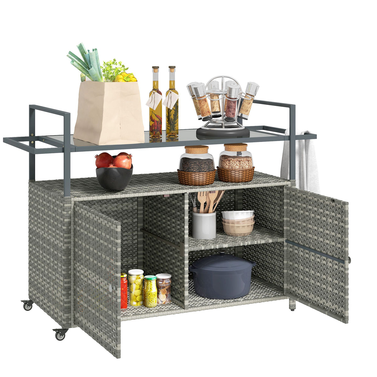 2-Tier Shelf PE Rattan Outdoor Bar Table, Glass Top Outdoor Serving Cart with Cabinet