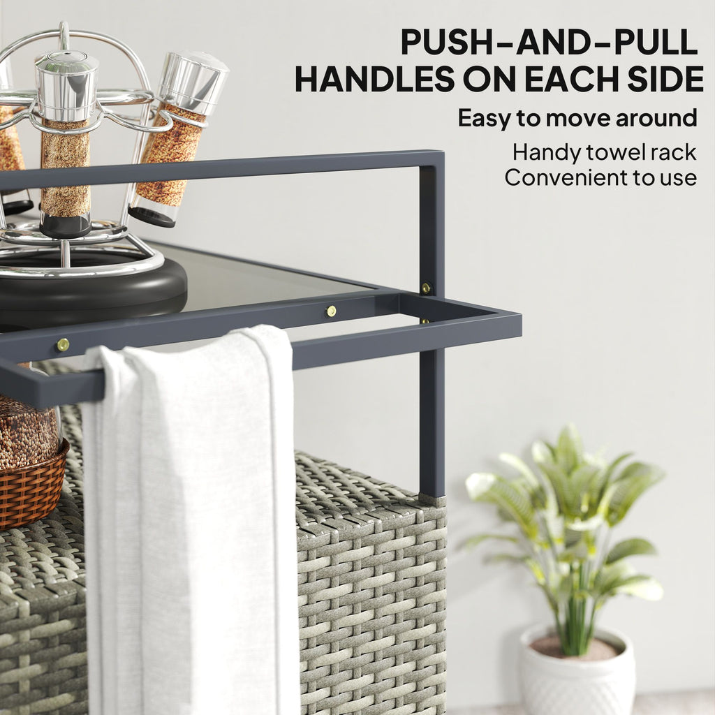 2-Tier Shelf PE Rattan Outdoor Bar Table, Glass Top Outdoor Serving Cart with Cabinet