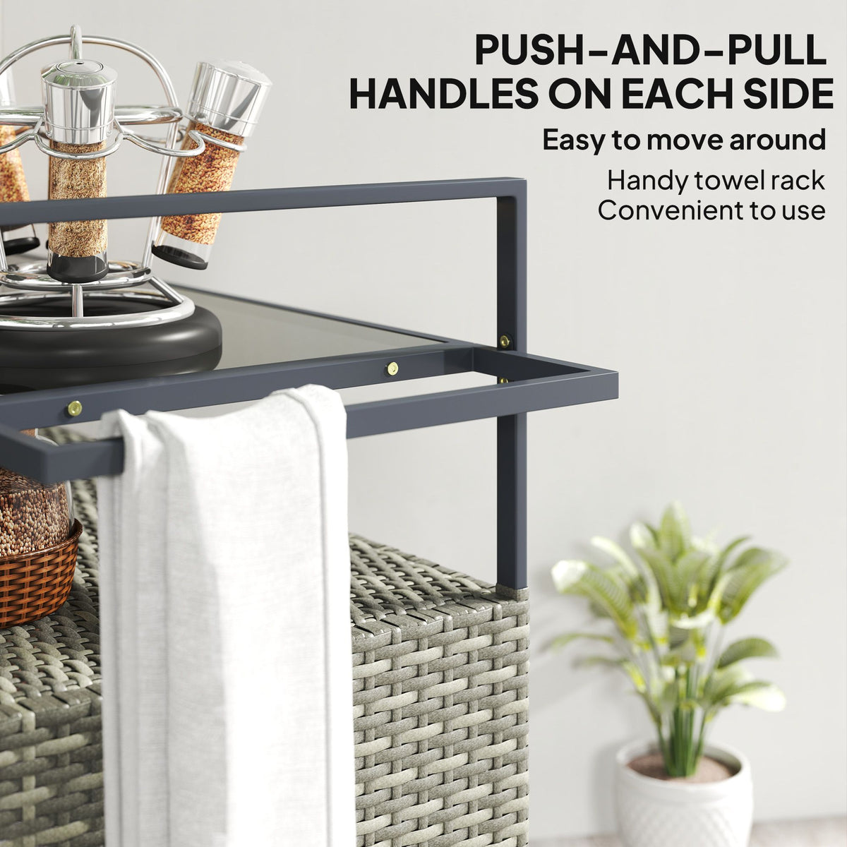 2-Tier Shelf PE Rattan Outdoor Bar Table, Glass Top Outdoor Serving Cart with Cabinet