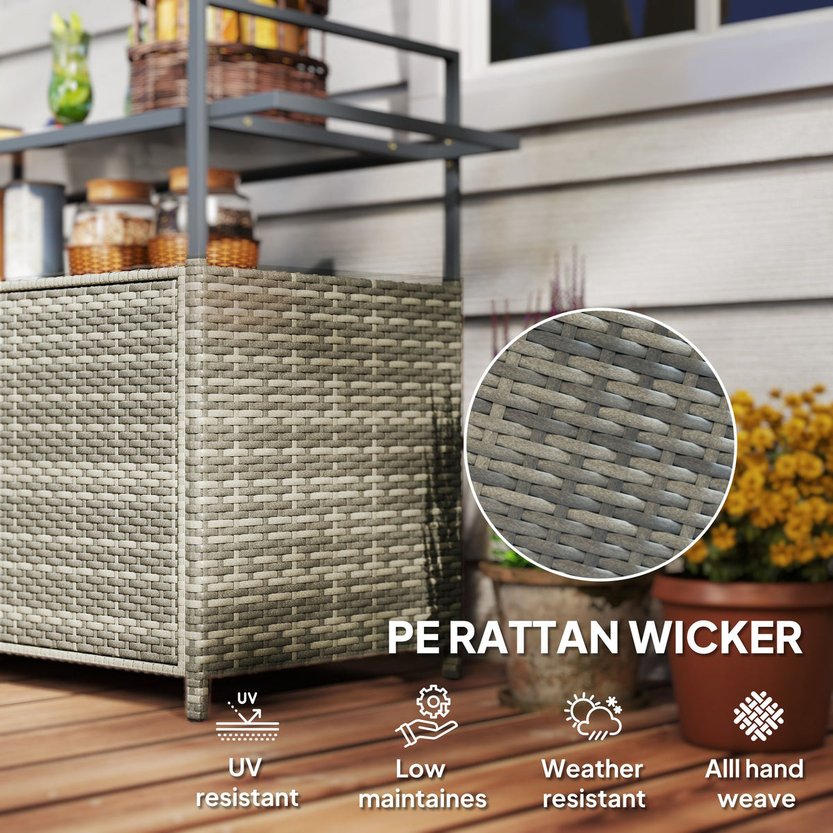 2-Tier Shelf PE Rattan Outdoor Bar Table, Glass Top Outdoor Serving Cart with Cabinet