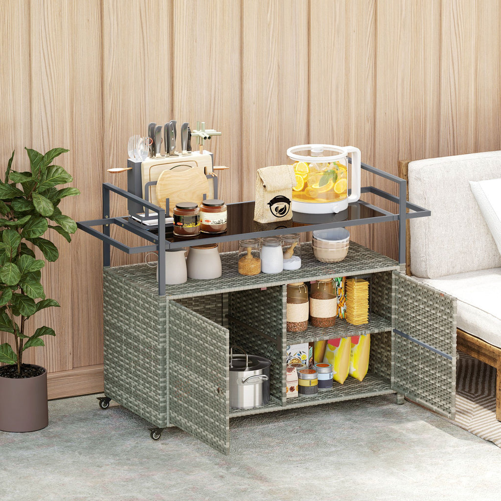 2-Tier Shelf PE Rattan Outdoor Bar Table, Glass Top Outdoor Serving Cart with Cabinet