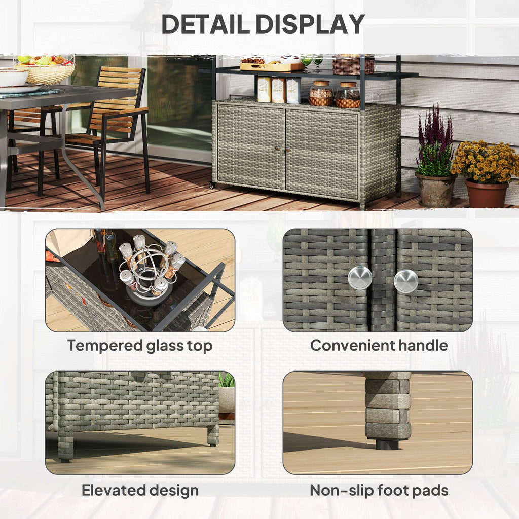 2-Tier Shelf PE Rattan Outdoor Bar Table, Glass Top Outdoor Serving Cart with Cabinet