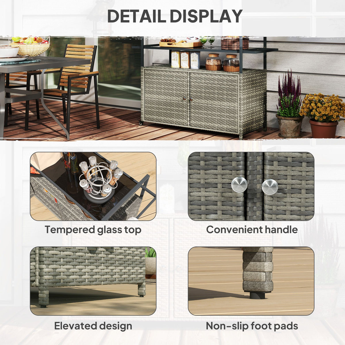 2-Tier Shelf PE Rattan Outdoor Bar Table, Glass Top Outdoor Serving Cart with Cabinet