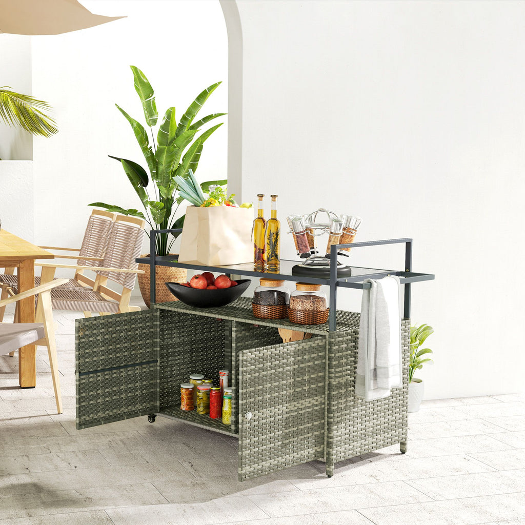2-Tier Shelf PE Rattan Outdoor Bar Table, Glass Top Outdoor Serving Cart with Cabinet