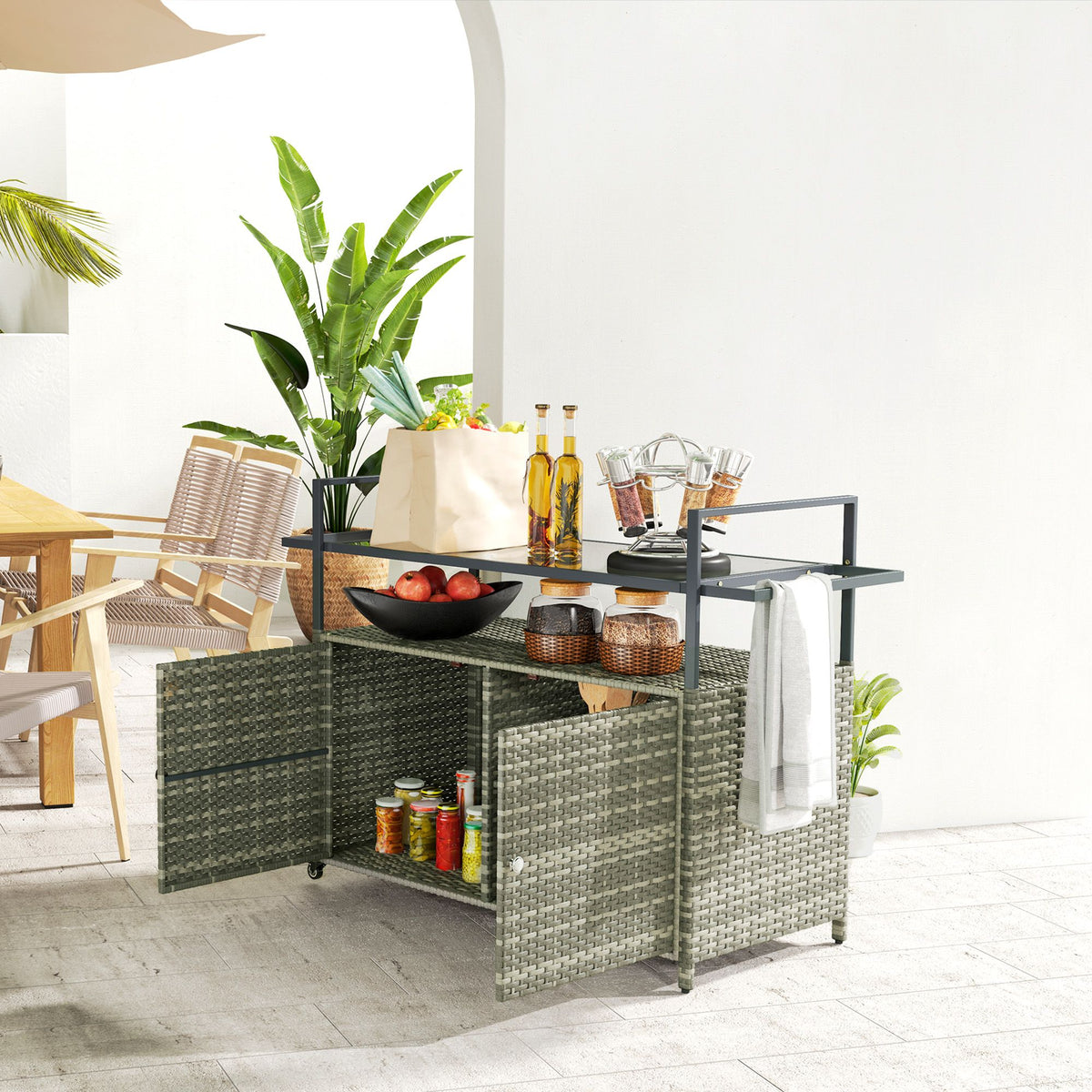 2-Tier Shelf PE Rattan Outdoor Bar Table, Glass Top Outdoor Serving Cart with Cabinet