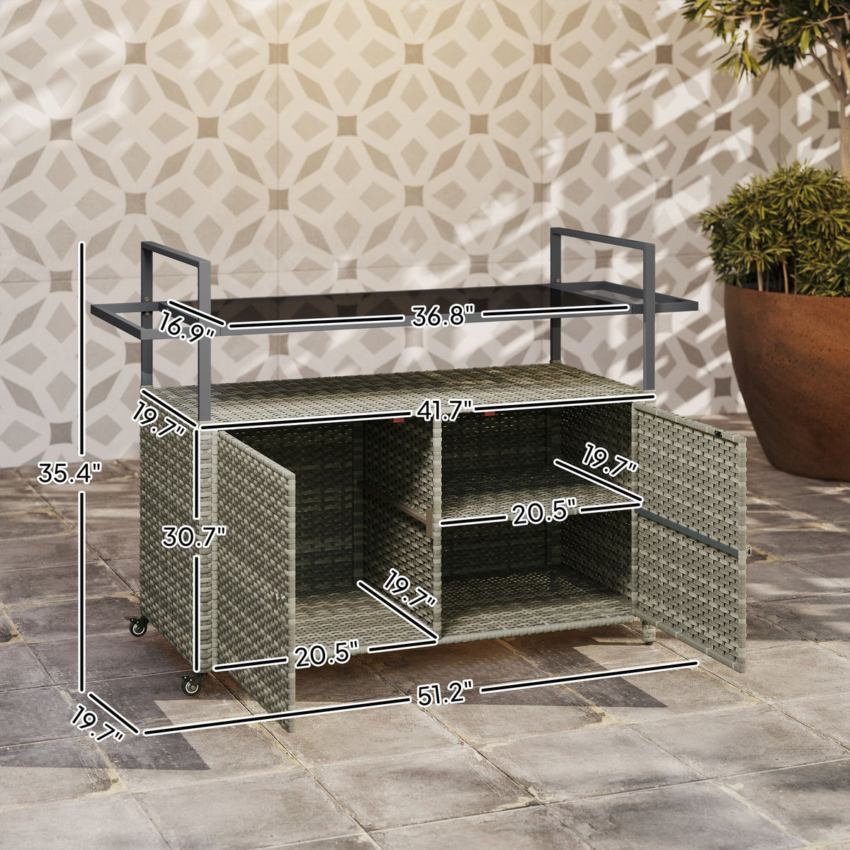 2-Tier Shelf PE Rattan Outdoor Bar Table, Glass Top Outdoor Serving Cart with Cabinet